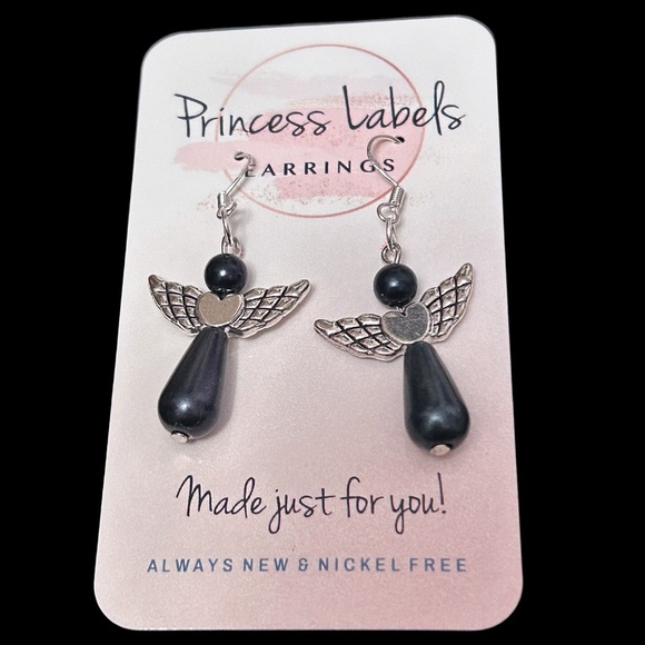 Hand Crafted Drop Earrings 3-D Articulating Angel Black Pearl Silver Plate Wires - Picture 3 of 6